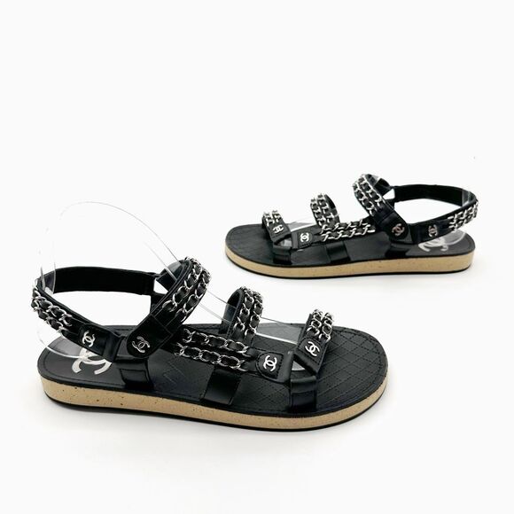 CHANEL 2022 Black Chain Interlocking CC Dad Sandals Size 40 Open Toe Slingback - Picture 3 of 15